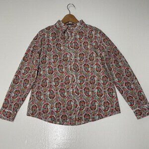 Lands End No Iron Supima Floral Cotton Top Shirt Blouse Size 8 Long Sleeve
